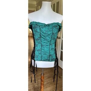 Tripp NYC Green Black Lace Corset Top XL Gothic Punk Lace-Up Strapless Y2K Goth